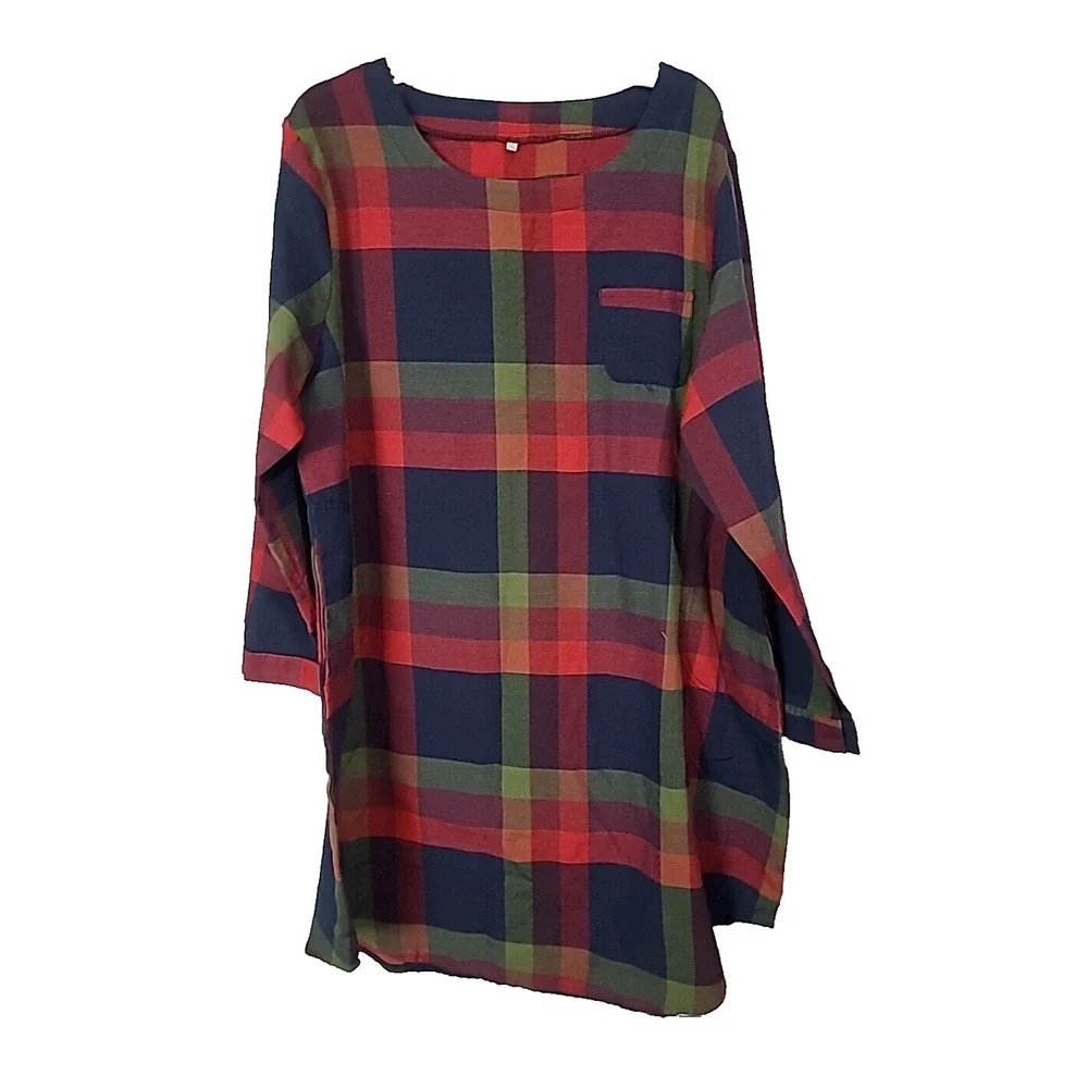 SHEIN Red Navy Blue Plaid Pocket Roll Tab Sleeve Shift Dress Womans Size 3XL - Picture 1 of 6